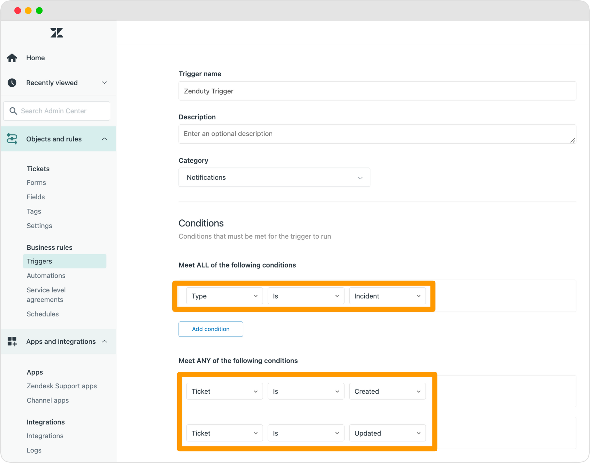 Updating details on Zendesk triggers page 